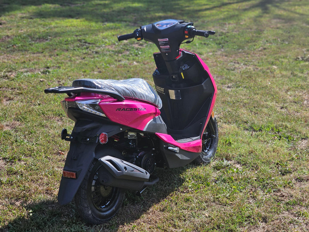 Side view of the 2022 RaceStar 50 Raspberry Scooter on clearance at Lee Motorsports, located near Joplin, MO, featuring a fuel-efficient 49cc engine.